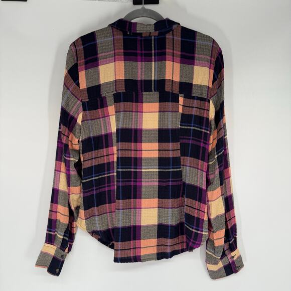 Pilcro Anthropologie Ruched Long-Sleeve Flannel Shirt Women's Sze L Purple Indie - Picture 3 of 11